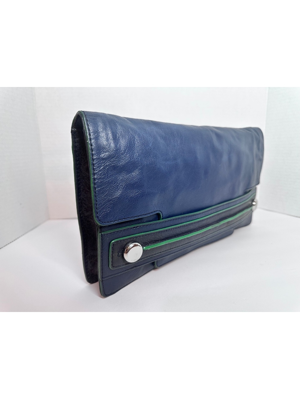 Vintage Banana Republic Genuine Leather Navy / Emerald Oversized Foldover Clutch
